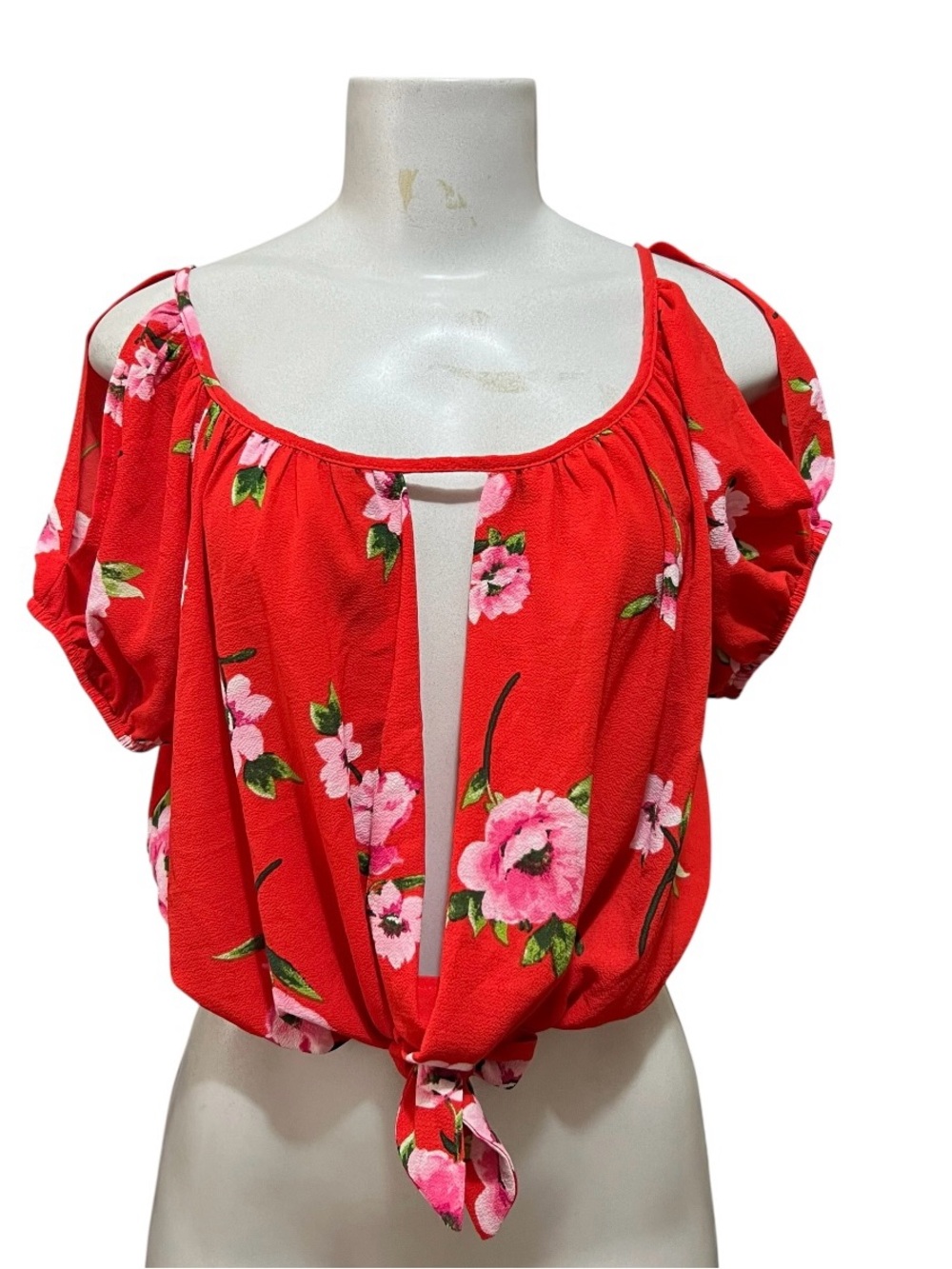 Timing Top Floral Tie Front Crop Blouse Cold Shoulder Short Sleeve Cottagecore S